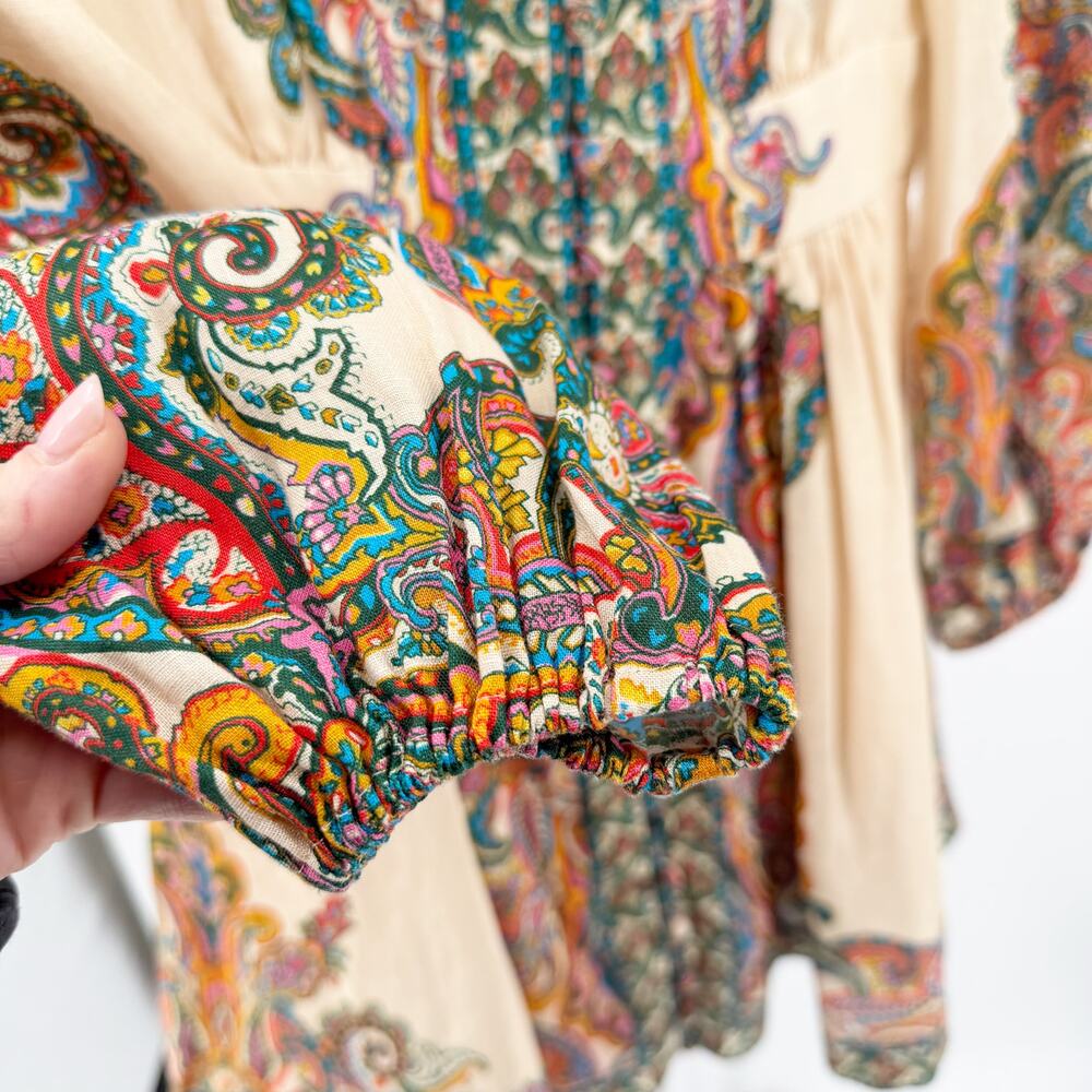 Zimmermann Ottie Plunge Mini Dress Multicolor Paisley Linen Floral Logo XS 0 - Picture 5 of 12